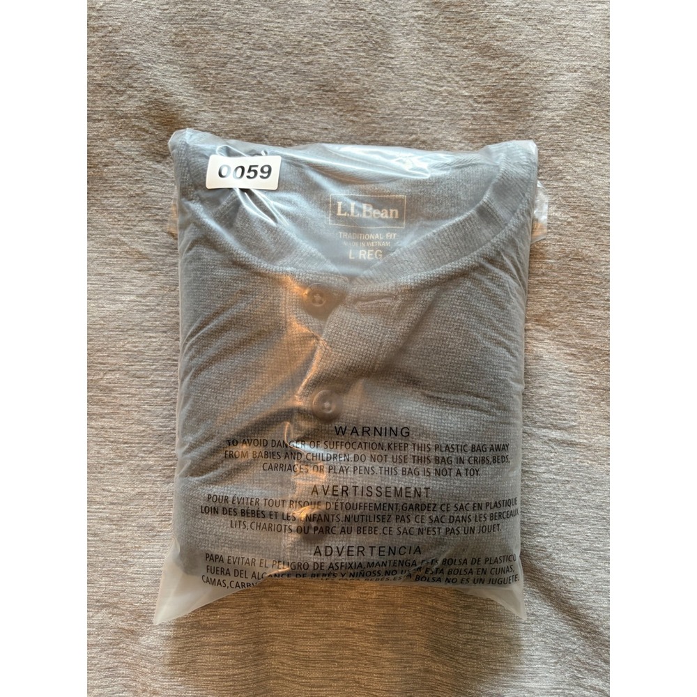 LL Bean Mens Gray Waffle Knit Henley Shirt Long Sleeve Traditional Fit L 502224